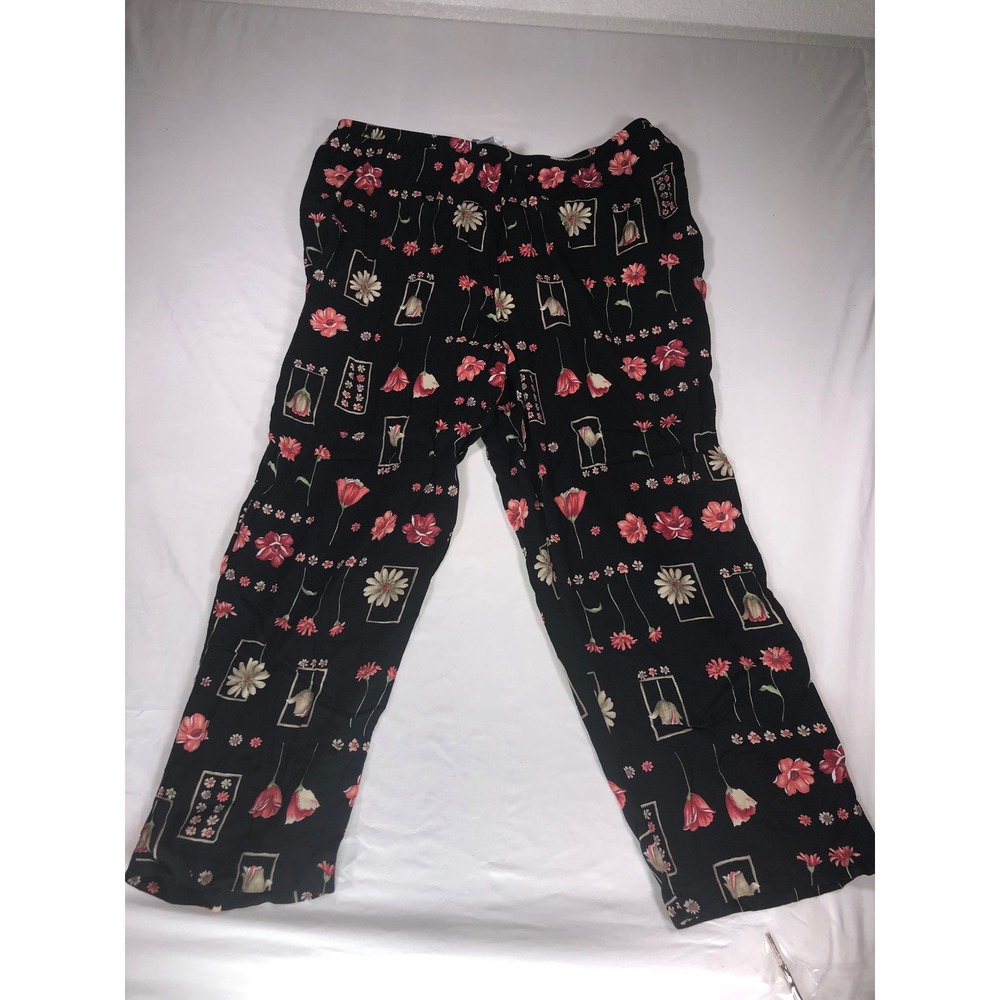 Coldwater Creek Womens 2X Black Floral Rayon Wide Leg Elastic Waist Pants H12663